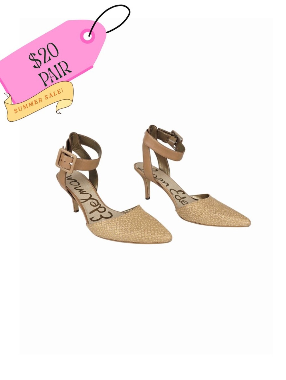 Sam Edelman Tan Ankle-Strap Pointed Toe Heels